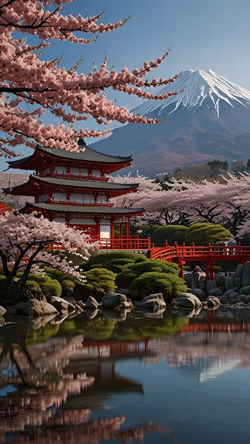 Japanese Pagoda Mount Fuji Cherry Blossom Water Reflection - Free mobile Wallpaper