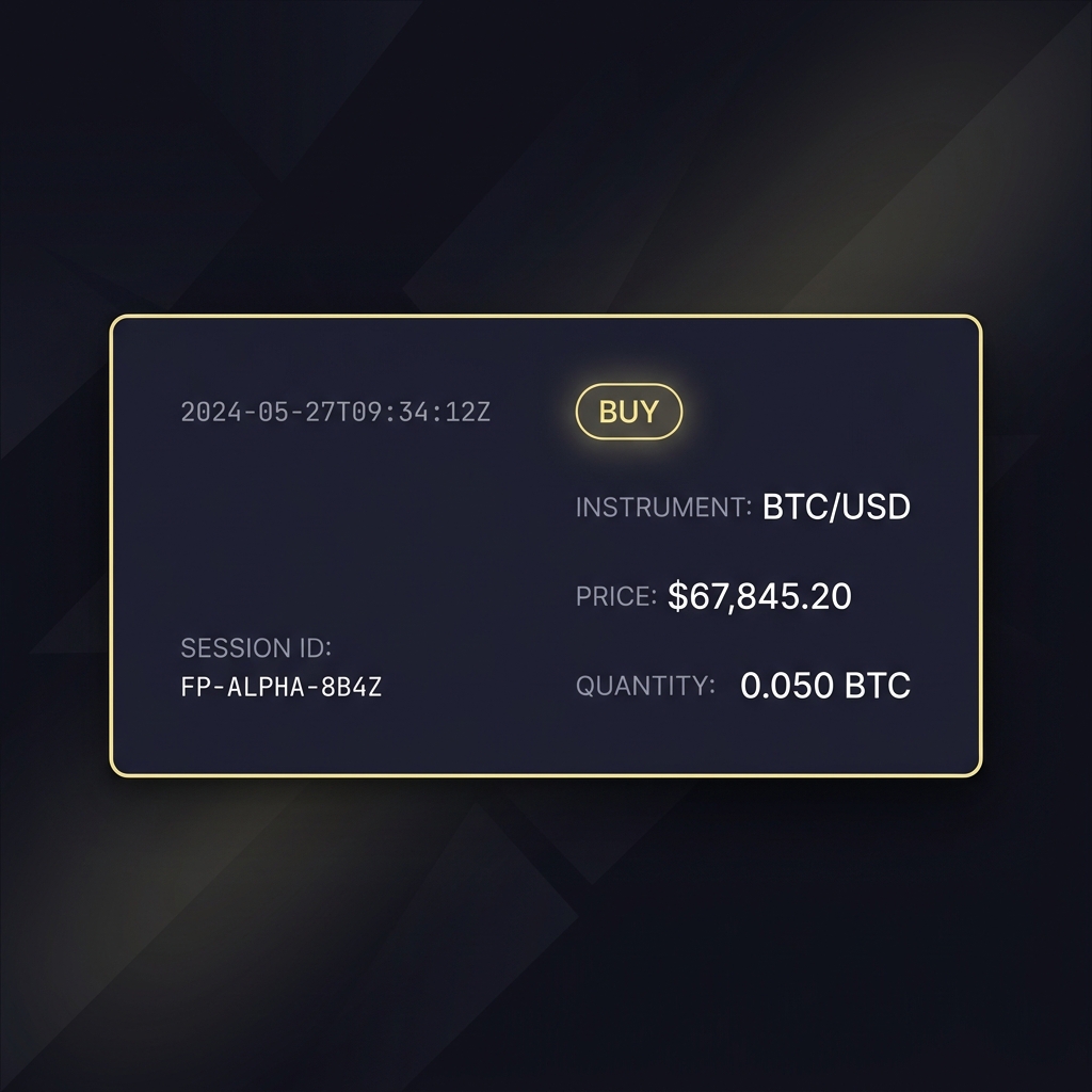 Screenshot style trade log entry with timestamps and a session identifier illustrating Minimum Trading Day Requirements Explained clean minimalist UI on dark Funded Plays background