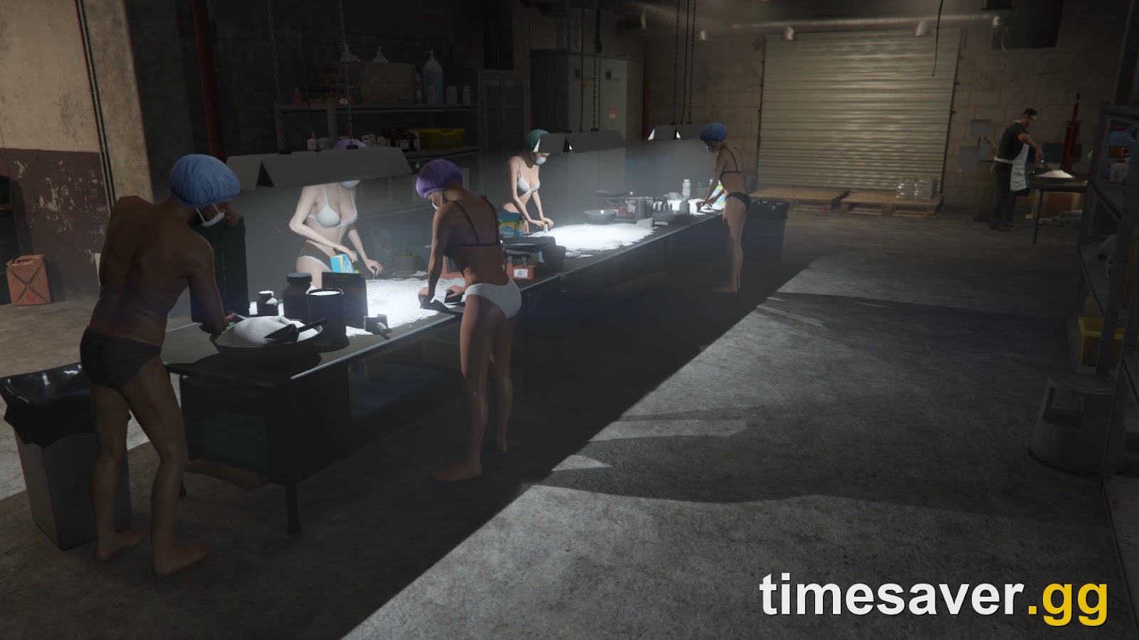 GTA Online Cocaine Lockup in production, with workers processing product on a lit central table inside a dark industrial room