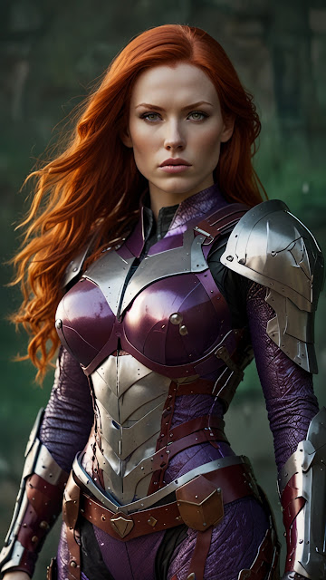 Red haired warrior in purple and silver armor stands tall - Free mobile Wallpaper