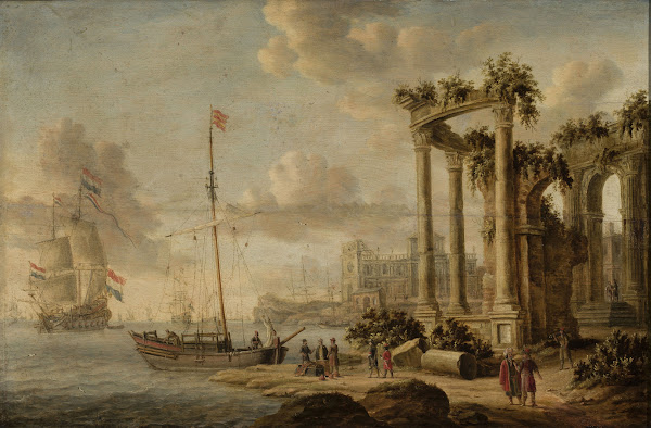 Seaside landscape with ancient ruins on the coast 1674