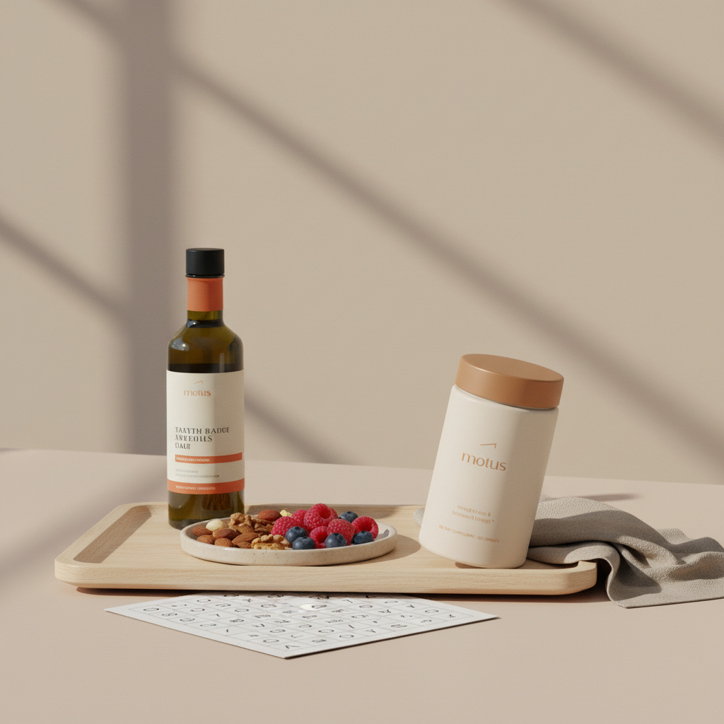 Minimalist full-frame photo of a Tonum supplement jar on a wooden tray with olive oil, nuts, berries, and a folded memory game sheet, illustrating memory supplements for elderly.
