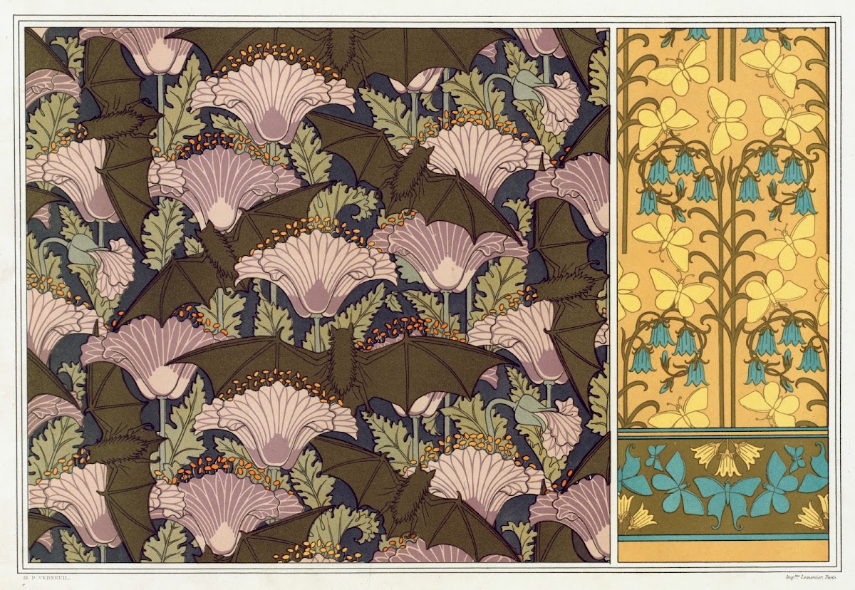 Chauves souris et pavots tenture Papillons et campanules papier peint 1897