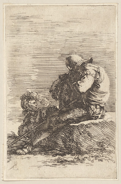 Two Soldiers One Seated on a Ledge Holding a Cane 1656   1657