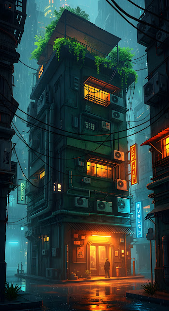 Rainy Cyberpunk Alleyway Building with Neon Glow - Free mobile Wallpaper