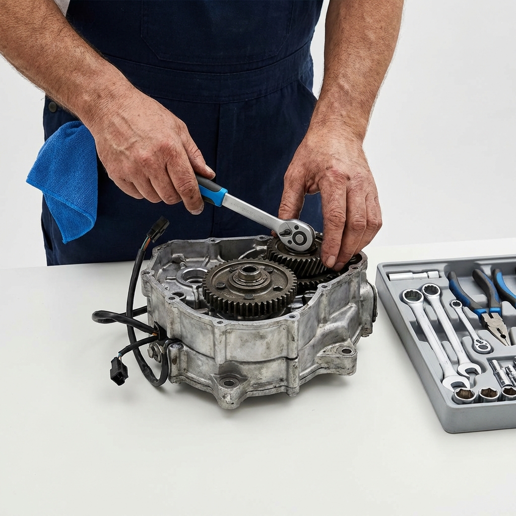 Close up of mechanic hands inspecting an engine bay on a clean bench showing detailed vehicle components related to RAV4 vs CX-5 reliability with a small blue 3666ed accent