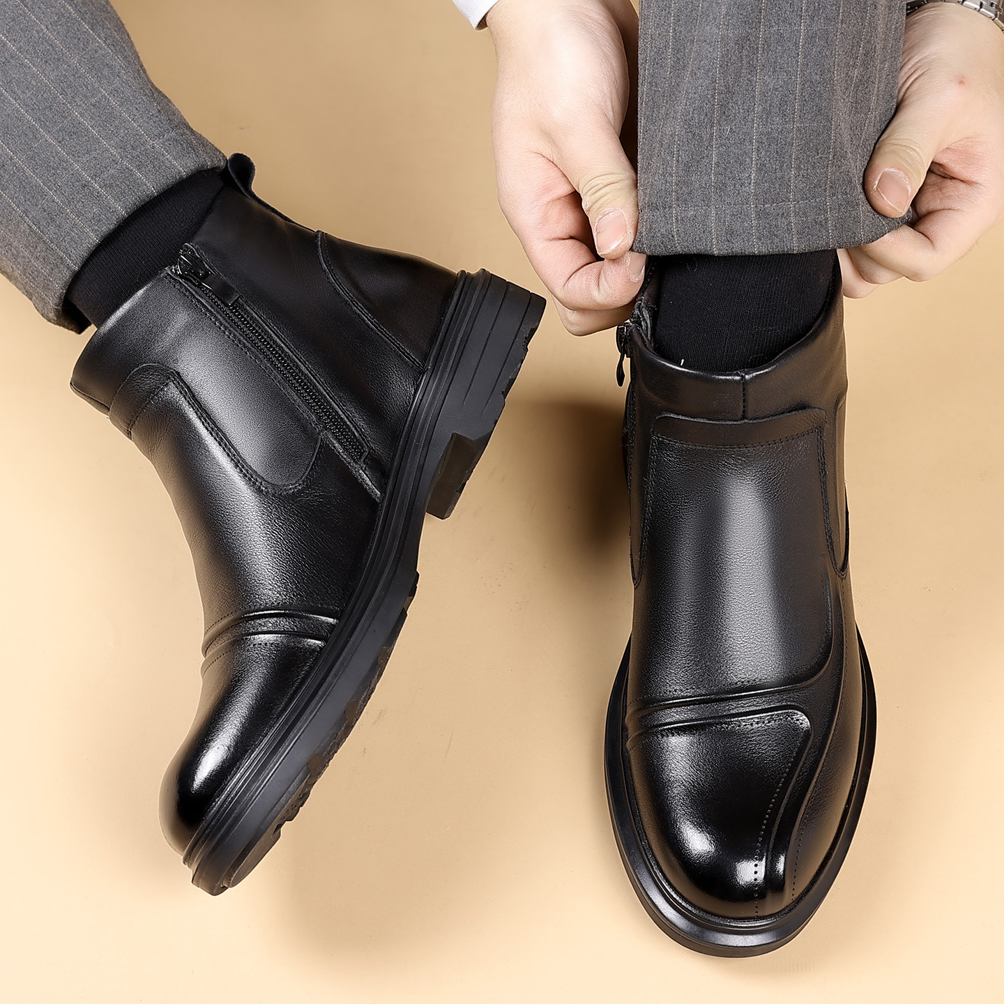 Men's Winter Boots, Genuine Leather, Lamb Wool, Zip