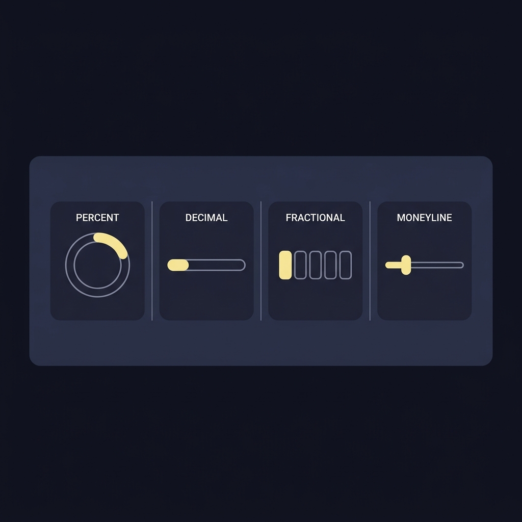 Minimal 2D vector mockup of an odds to percentage calculator showing four visual fields each with twenty percent fills for percent decimal fractional and moneyline no visible text