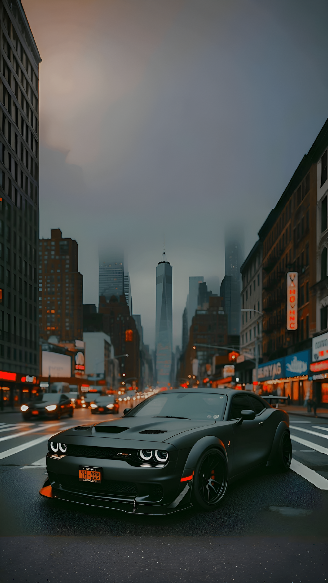 Matte Black Dodge Challenger Muscle Car in Moody NYC Streetscape - Free 4K mobile Wallpaper