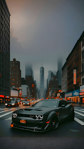 Matte Black Dodge Challenger Muscle Car in Moody NYC Streetscape