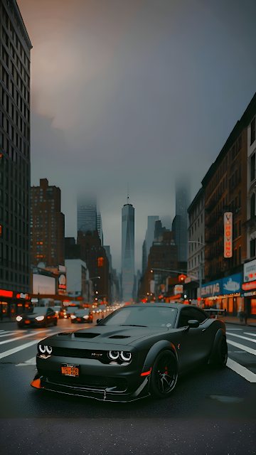 Matte Black Dodge Challenger Muscle Car in Moody NYC Streetscape - Free mobile Wallpaper