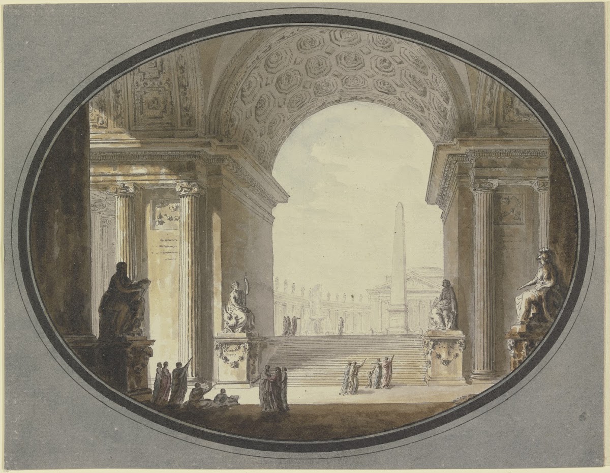 Blick durch ein kassettiertes Rundbogengewölbe auf einen dem Petersplatz in Rom