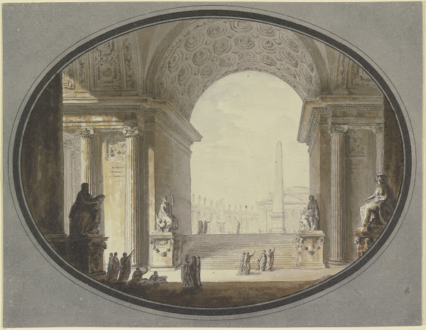 Blick durch ein kassettiertes Rundbogengewölbe auf einen dem Petersplatz in Rom