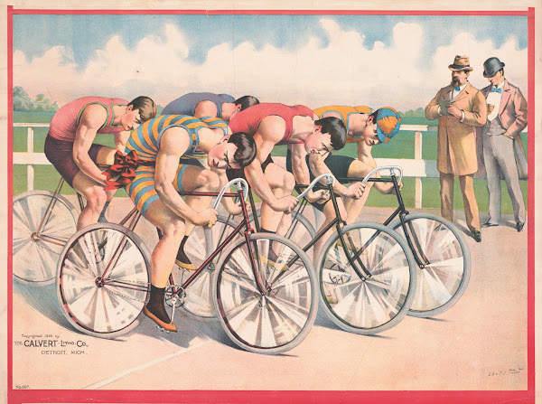 Five bicyclists racing 1895