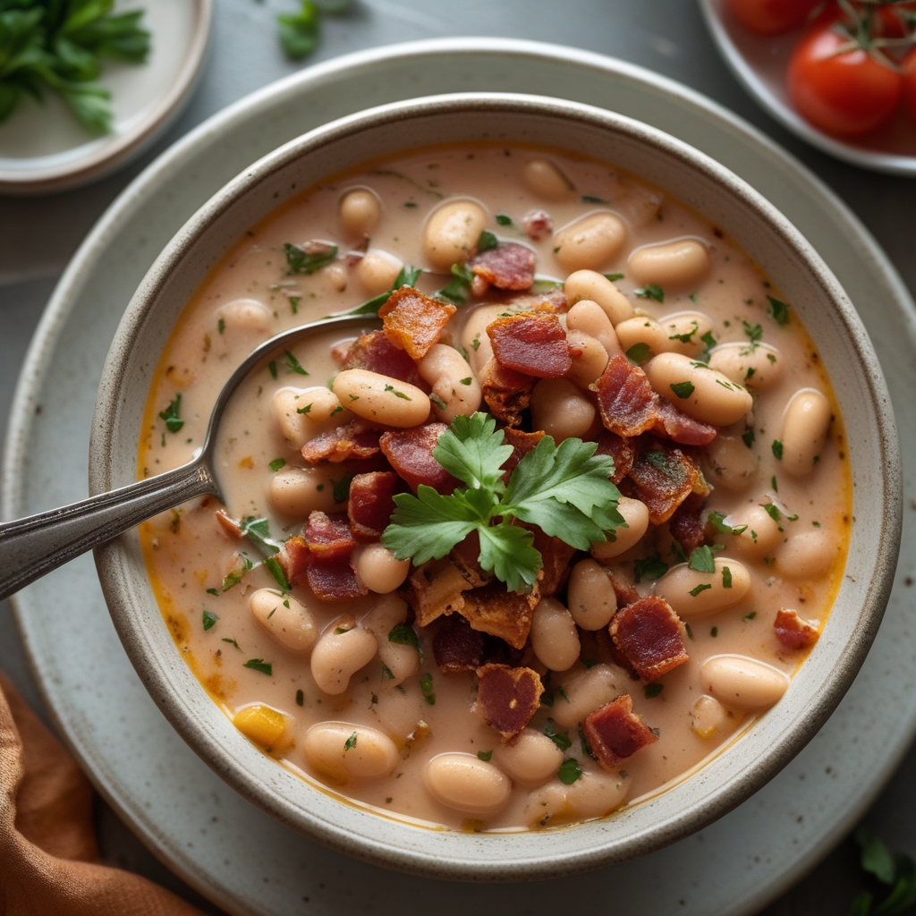 Creamy White Bean & Bacon Tomato Soup: Comfort in a Bowl – Easy Homemade Soup Recipe finished