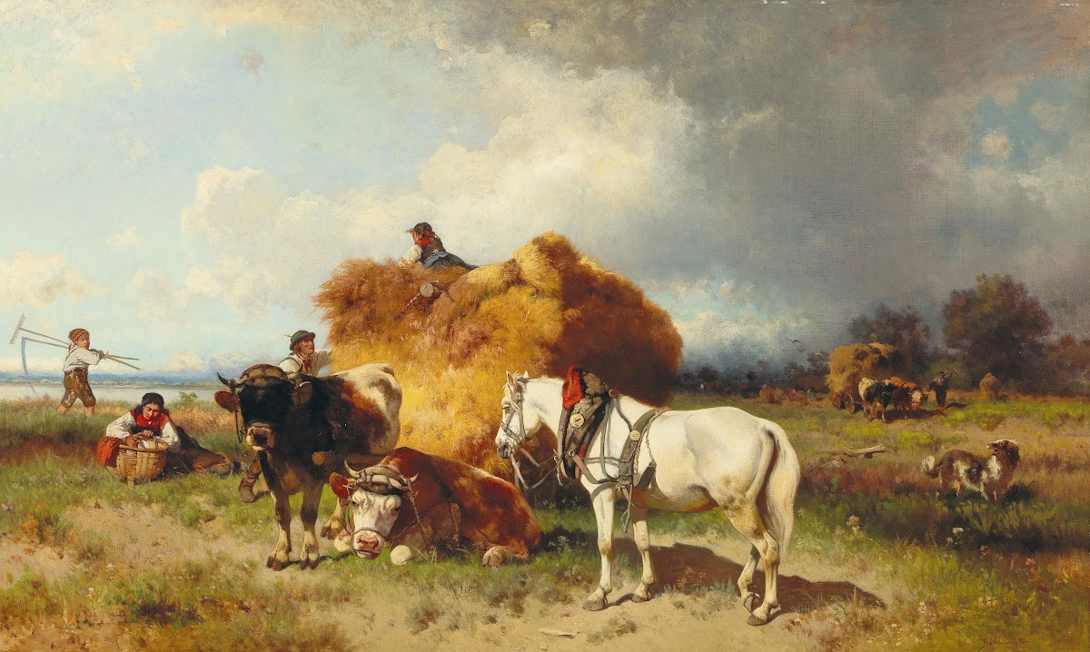 Gathering in the Hay with Approaching Storm