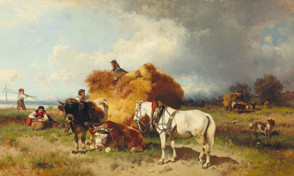 Gathering in the Hay with Approaching Storm