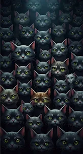 Dark and Dramatic Full-Frame Crowd of Cats with Intense Staring Eyes