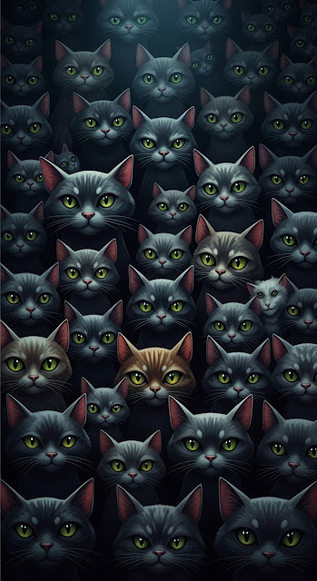 Dark and Dramatic Full-Frame Crowd of Cats with Intense Staring Eyes - Free mobile Wallpaper