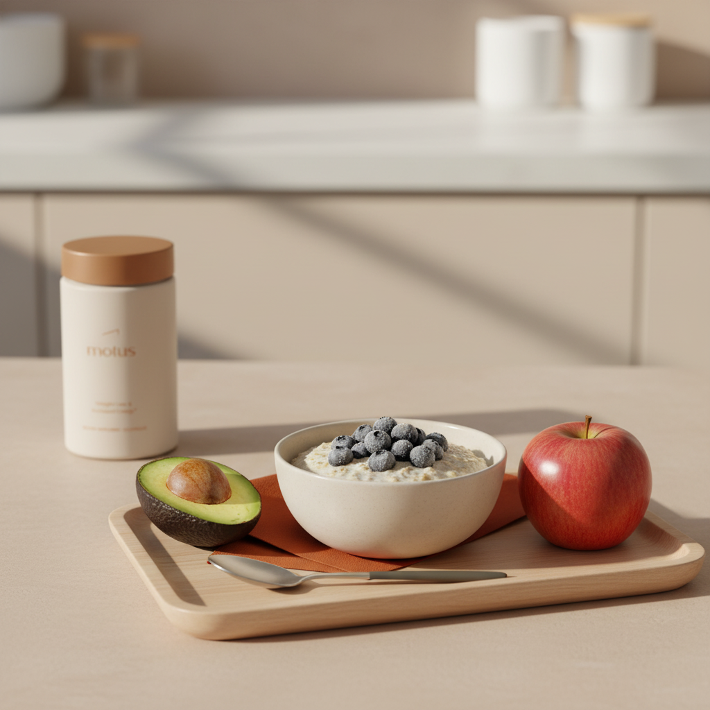 Minimal breakfast tray with oatmeal, frozen blueberries, apple and half avocado beside Tonum Motus supplement jar, suggesting which fruit burns the most belly fat