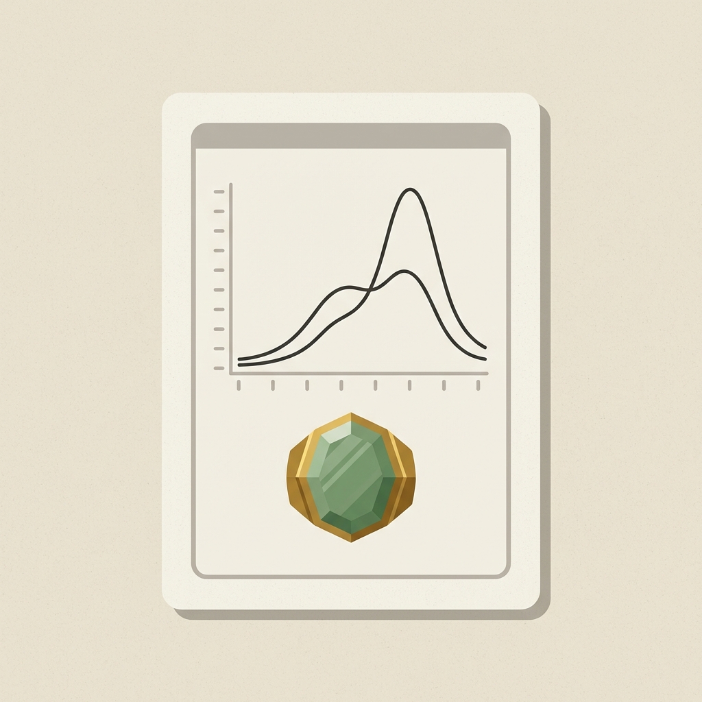 Minimalist 2D vector flat lay of a lab report page with schematic spectra and a cropped ancient jade ring illustration on archival paper background in Aurora Antiqua colors