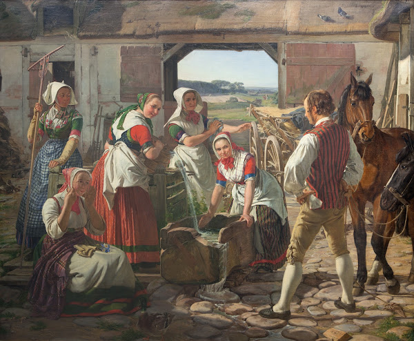 Sjællandske høstpiger ved en brønd 1850