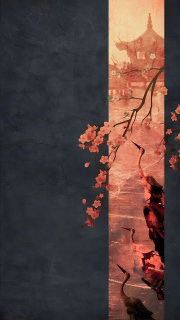 Ethereal Asian Panel with Sakura Blossoms and Cranes - Free mobile Wallpaper