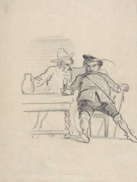 Two male figures seated at a table drinking