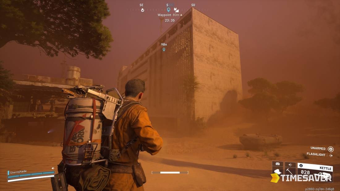 ARC Raiders Raider approaching the Hospital building exterior in Buried City during a dust storm