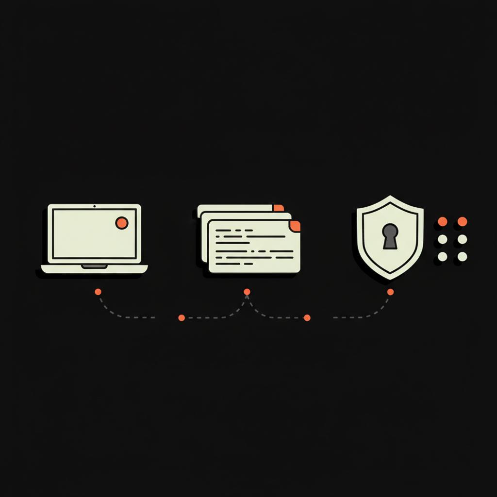 Minimal 2D vector infographic of three icons to recover Gmail without phone: known device, backup codes, and recent passwords on black background with pale and orange accents