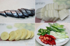 Cá thu rửa sạch, lau khô rồi cắt khúc vừa ăn. Củ cải rửa sạch cắt miếng lớn, khoai tây gọt vỏ cắt khoanh tròn, ớt cắt miếng nhỏ và hành lá cắt miếng nhỏ.