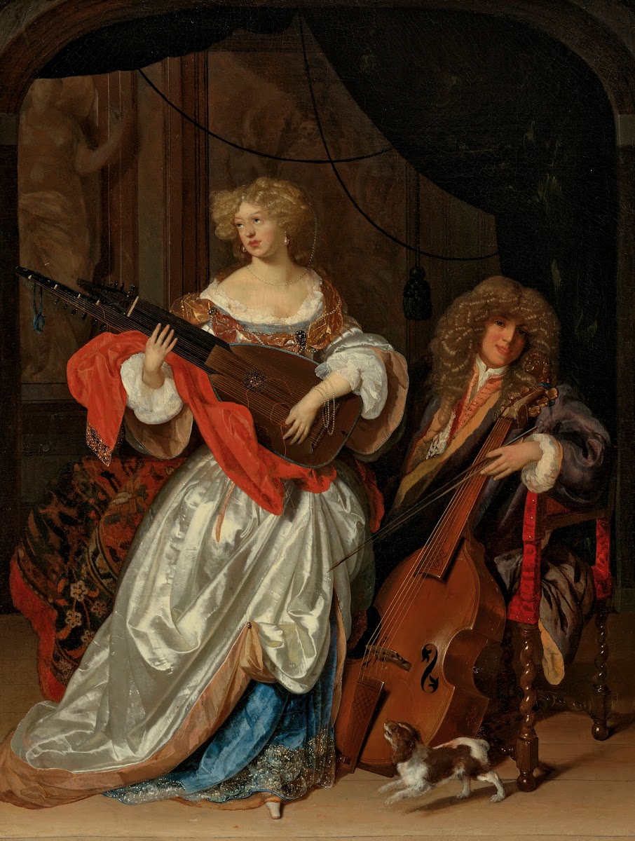 A lady playing a lute and a gentleman with a viola da gamba