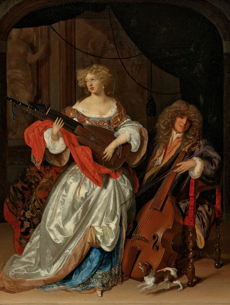 A lady playing a lute and a gentleman with a viola da gamba