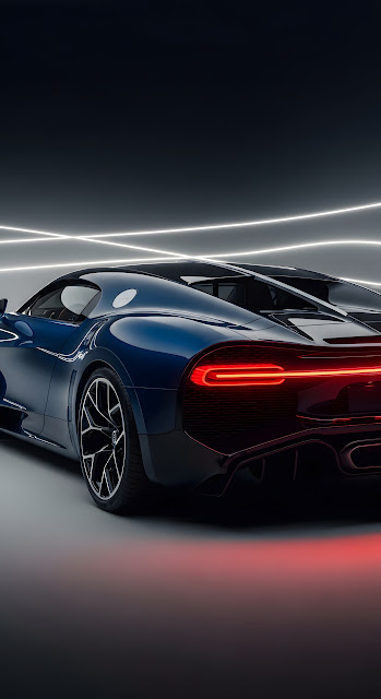 Dark Blue Bugatti Chiron Hypercar Rear View in Studio - Free mobile Wallpaper