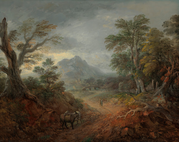 A wooded landscape with donkeys and figures on a path