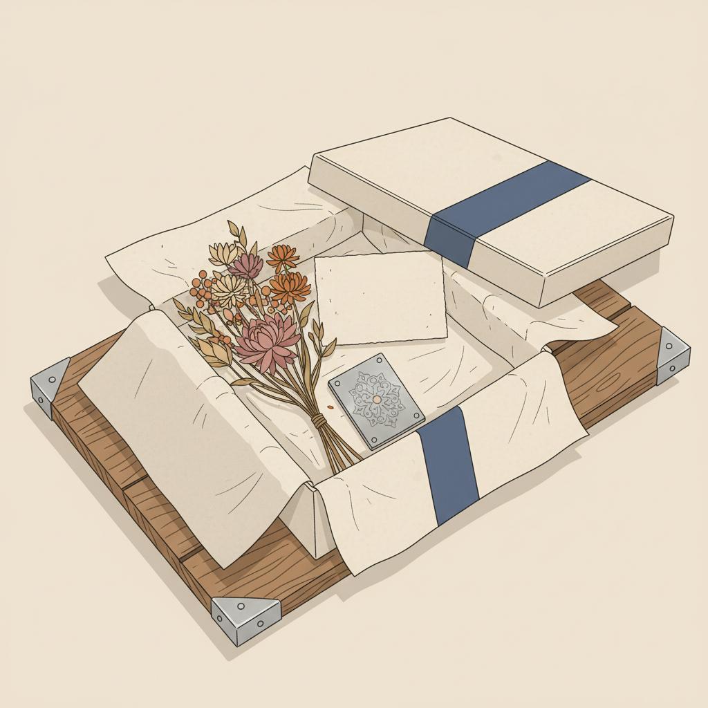 Detailaufnahme einer geöffneten Geschenkverpackung mit Seidenpapier, getrockneten Blumen und graviertem Metallplättchen, Fokus auf Haptik und Materialität — 5-Geschenke-Regel