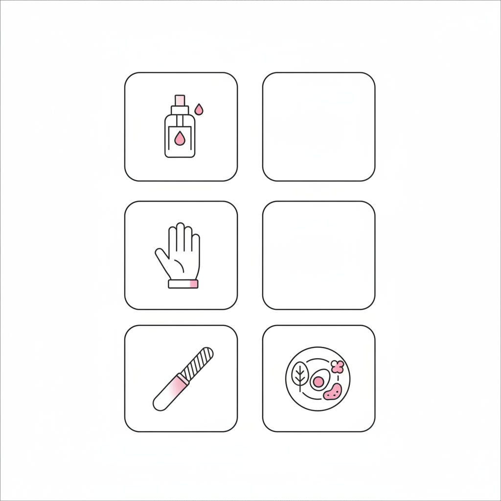 Minimalistische 2D-Vektorinfografik mit vier Icons (Ölflasche, Handschuh, Glasfeile, Teller mit eisenreichen Lebensmitteln) zur Illustration wie weiche Fingernägel stärken