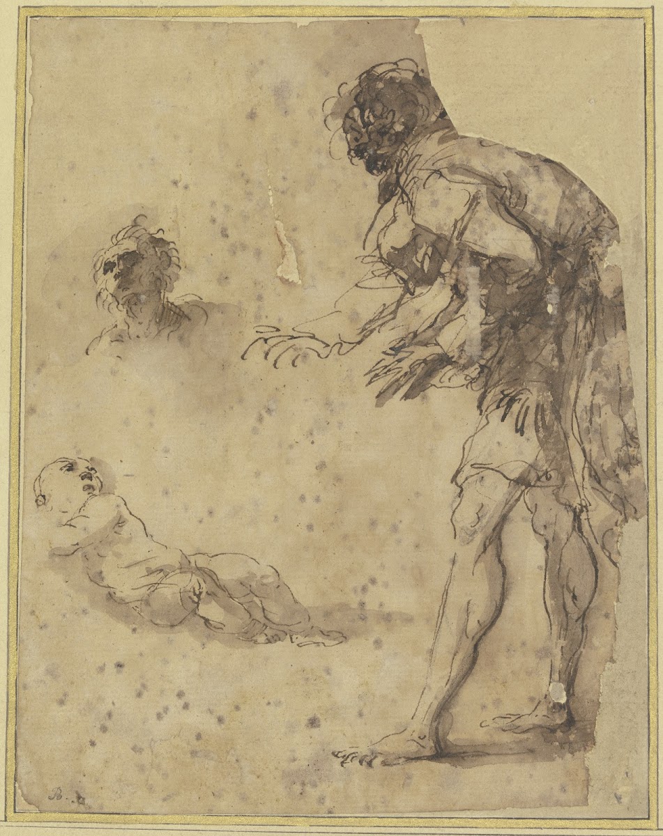 A man looks down at an infant lying on the ground above there is a head study 16