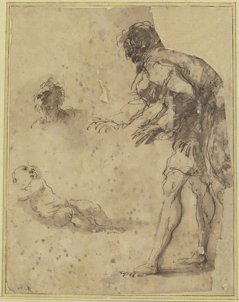 A man looks down at an infant lying on the ground above there is a head study 16