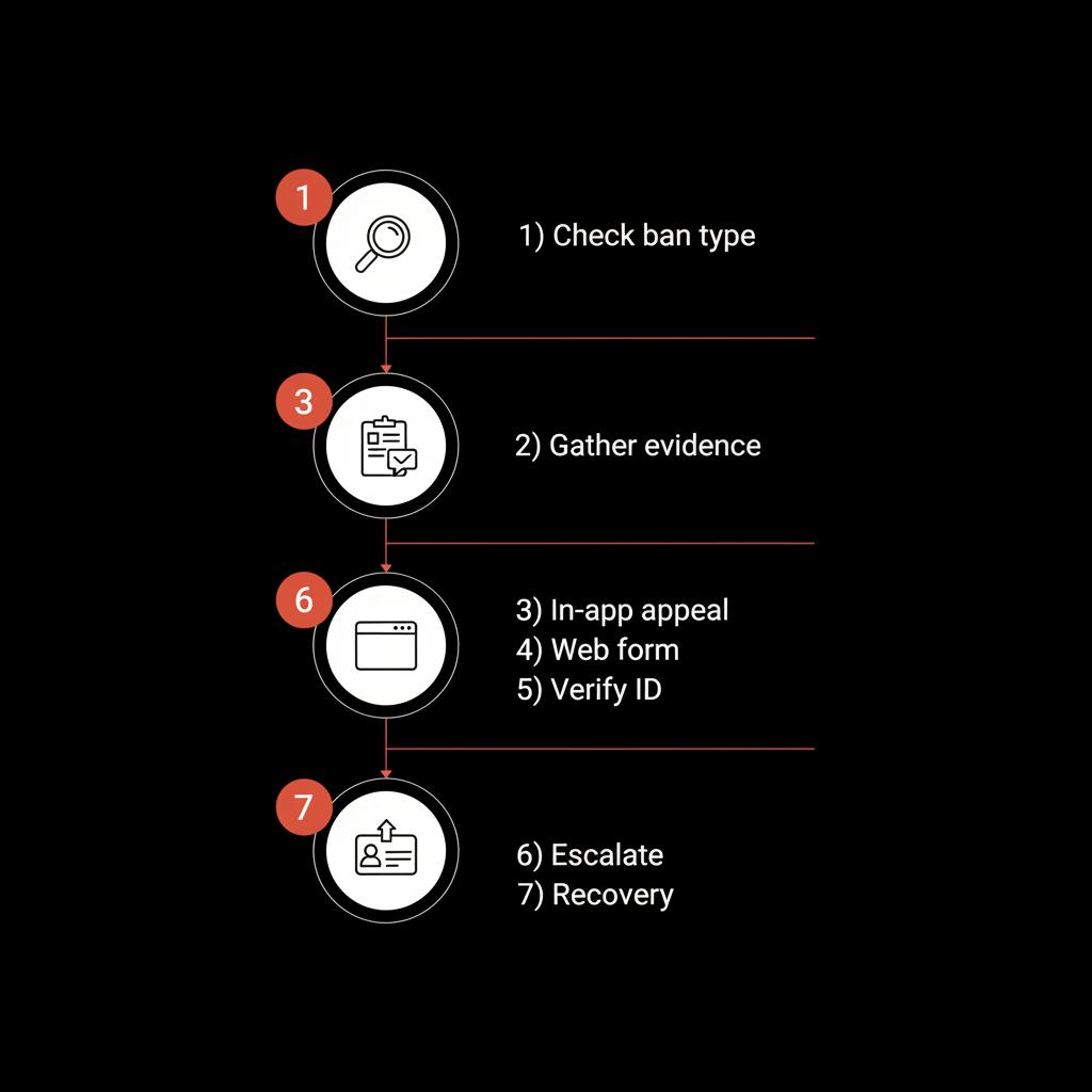 Minimal full-frame vector infographic showing a 7-step flowchart to unban my TikTok account: Check ban type, Gather evidence, In-app appeal, Web form, Verify ID, Escalate, Recovery.