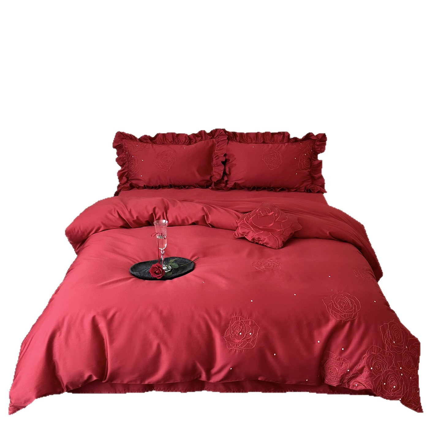 Cotton bedding set with rose embroidery, 4-piece