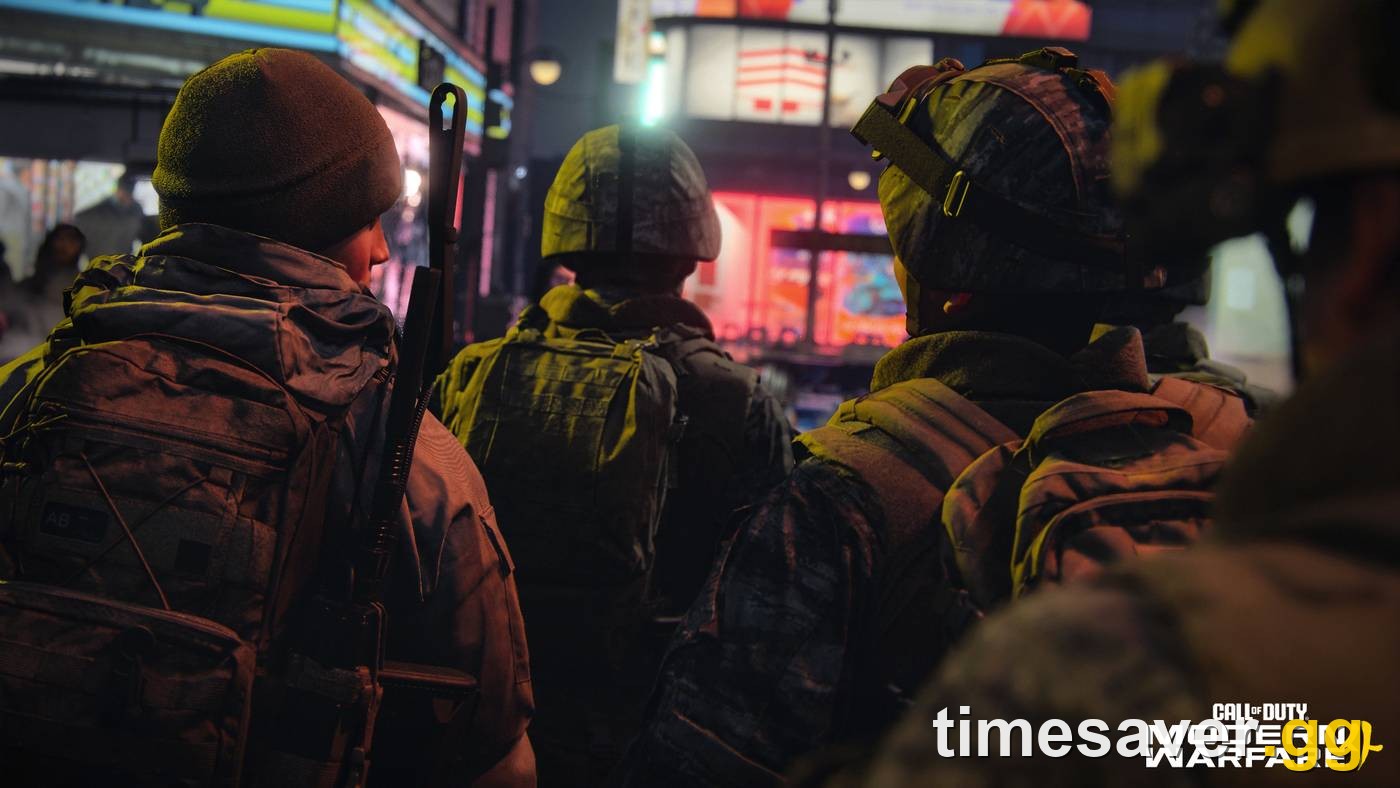 Modern Warfare 4 squad advancing through a neon-lit city street