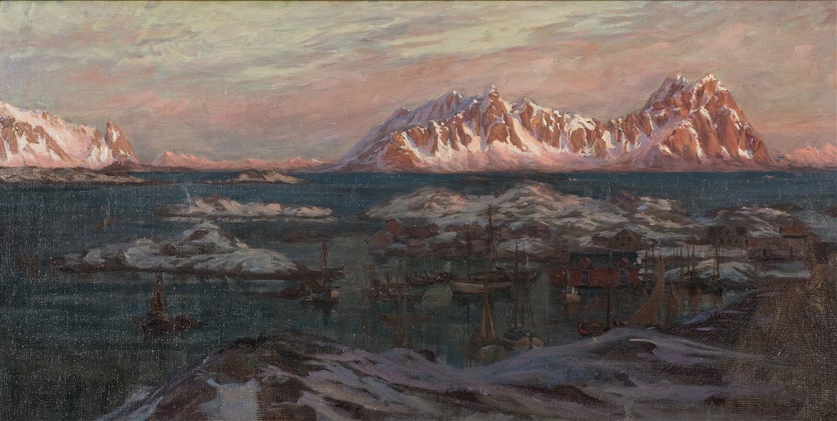 Fishing Harbour with Sunlit Mountains Study from North Norway