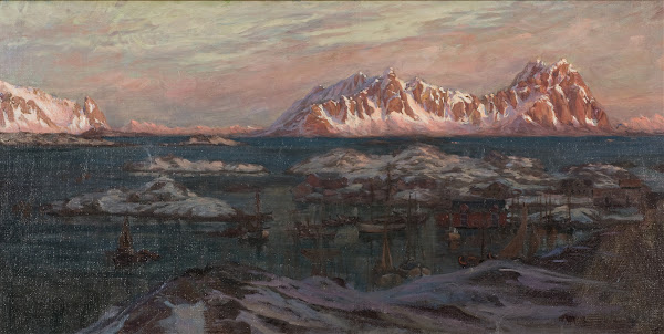 Fishing Harbour with Sunlit Mountains Study from North Norway