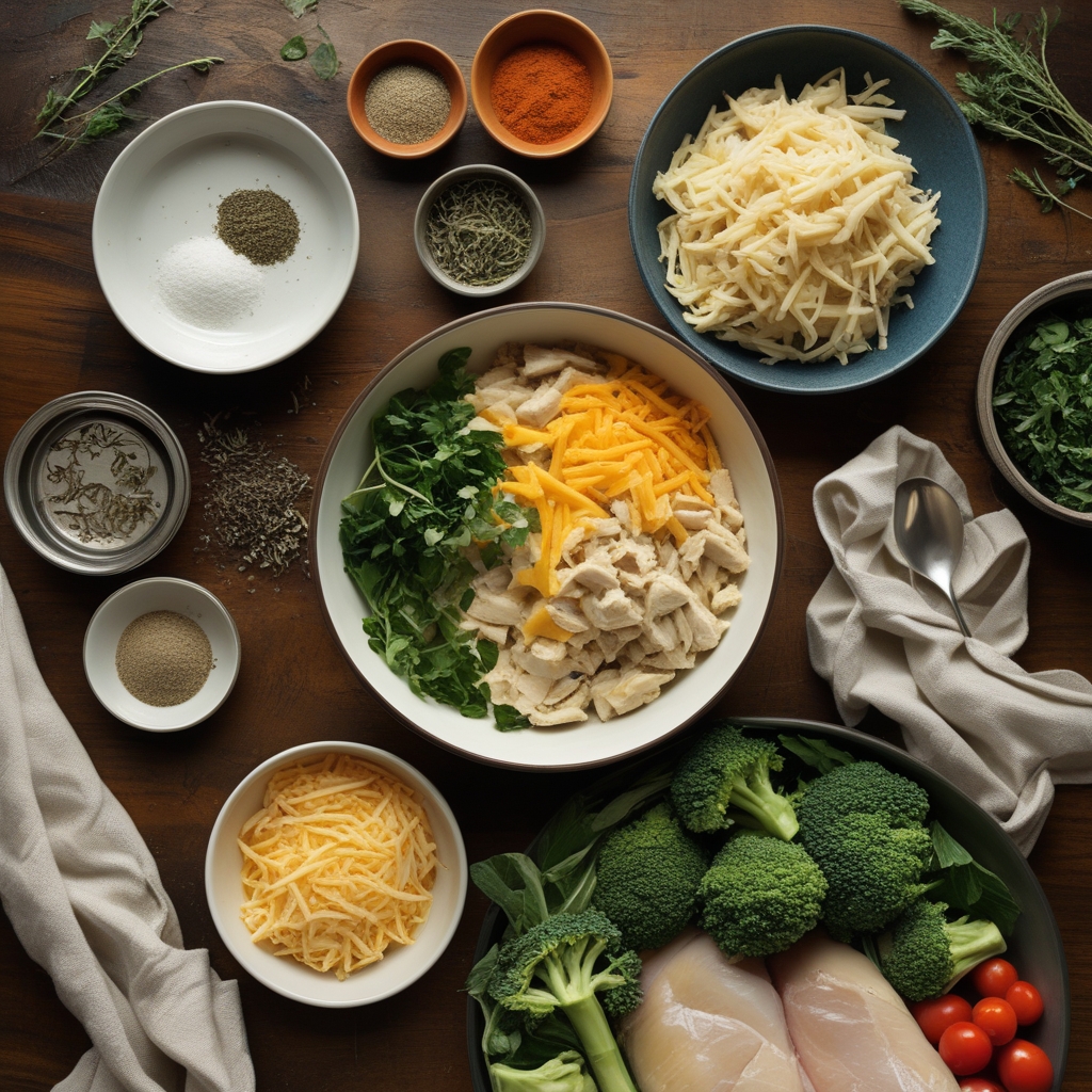 Ingredients for Easy Homemade Cheesy Chicken and Broccoli Casserole Recipe