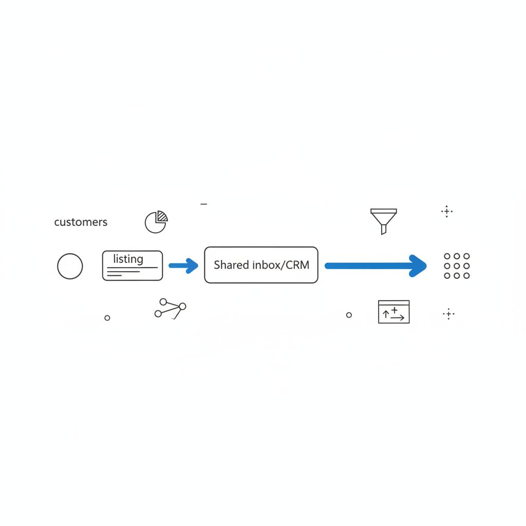 Minimalist 2D vector notebook-style inbox routing diagram showing customers → listing → shared inbox/CRM → team with the routing path highlighted in blue for google business profile