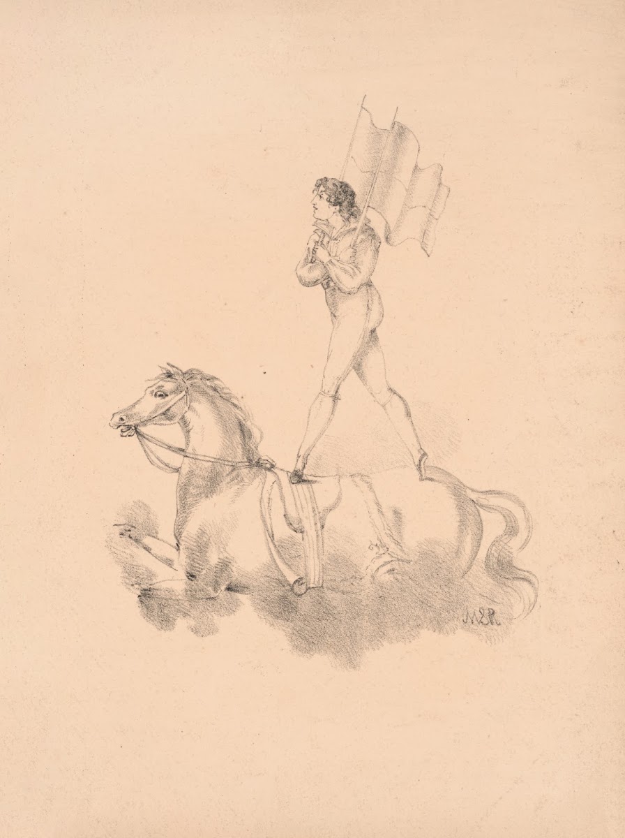 Adolphe Franconi standing on the back of a horse facing left legs spread 1820 18