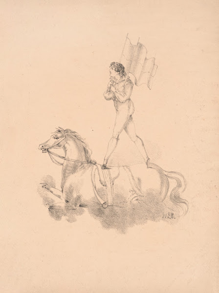 Adolphe Franconi standing on the back of a horse facing left legs spread 1820 18