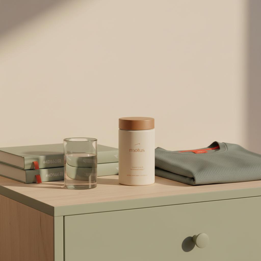 Minimalist still-life of Tonum Motus supplement on a bedside table with books, a glass of water and a folded running shirt, highlighting fat burners in a calm morning setting.