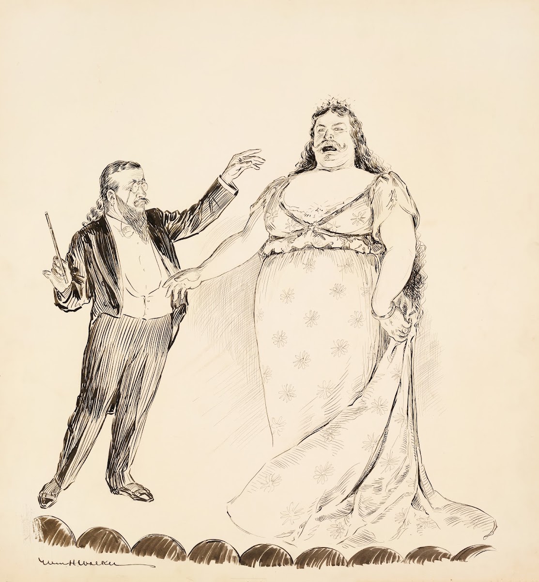 William Howard Taft dressed as a woman sings on a stage 1907